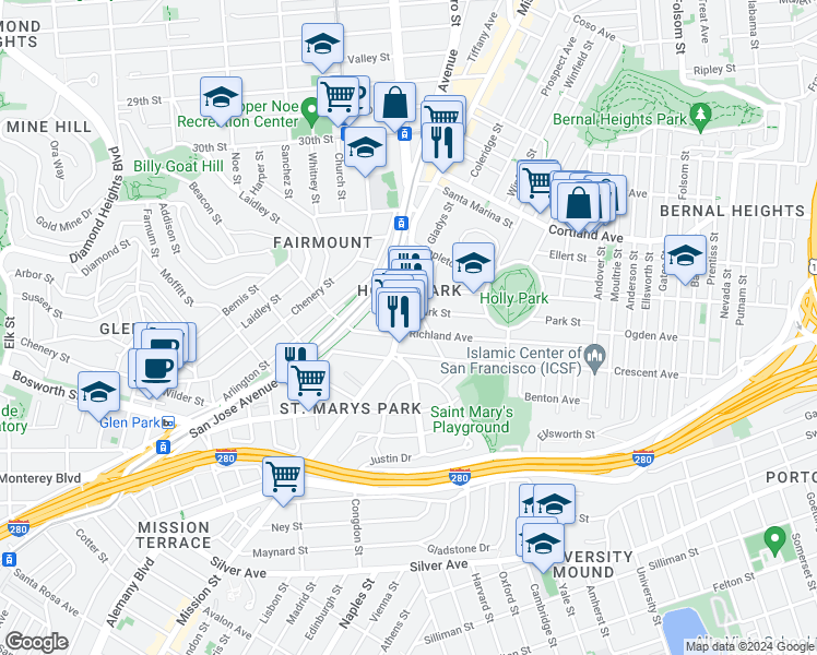 map of restaurants, bars, coffee shops, grocery stores, and more near 27 Crescent Avenue in San Francisco