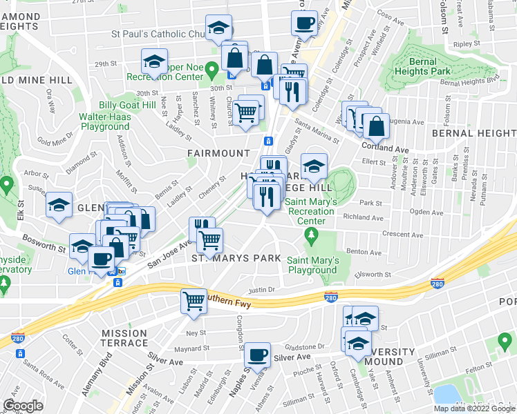 map of restaurants, bars, coffee shops, grocery stores, and more near 177 College Avenue in San Francisco