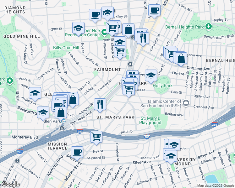 map of restaurants, bars, coffee shops, grocery stores, and more near 177 College Avenue in San Francisco