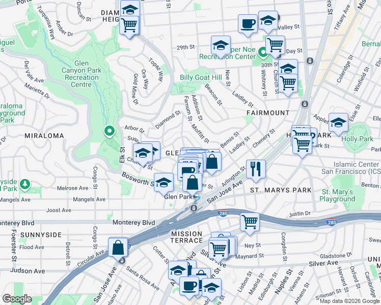 map of restaurants, bars, coffee shops, grocery stores, and more near 2788 Diamond Street in San Francisco