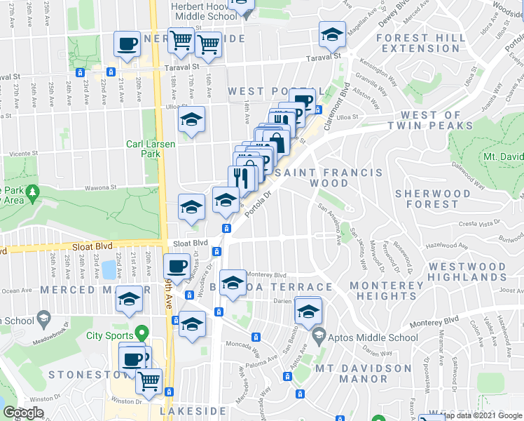 map of restaurants, bars, coffee shops, grocery stores, and more near 60 San Leandro Way in San Francisco