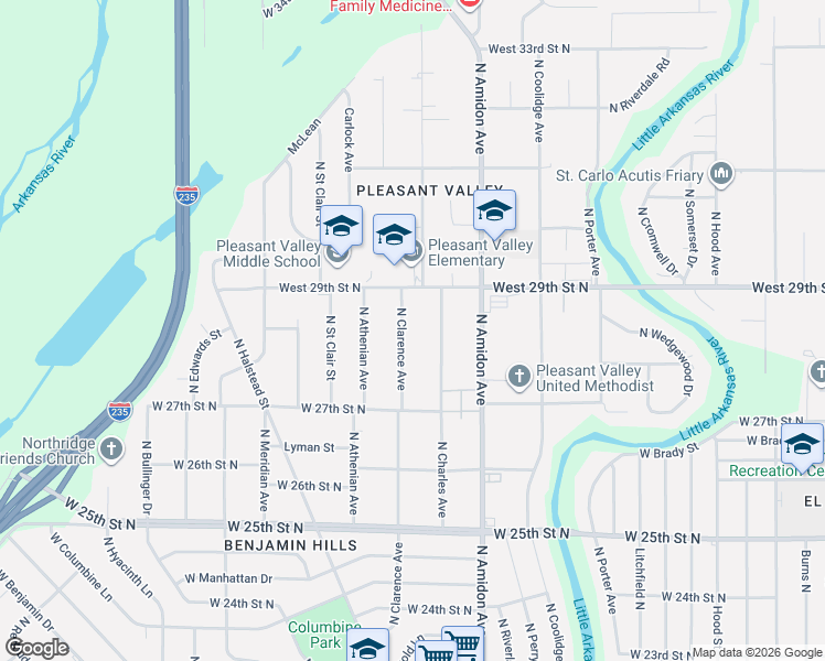map of restaurants, bars, coffee shops, grocery stores, and more near 2901 North Clarence Avenue in Wichita
