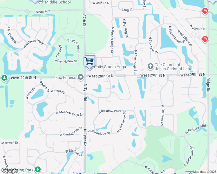 map of restaurants, bars, coffee shops, grocery stores, and more near 8510 West Meadow Park in Wichita