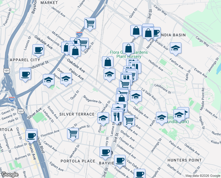 map of restaurants, bars, coffee shops, grocery stores, and more near 1740 Oakdale Avenue in San Francisco
