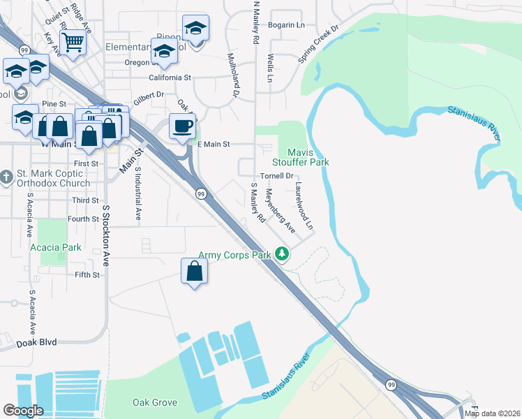map of restaurants, bars, coffee shops, grocery stores, and more near 365 South Manley Road in Ripon