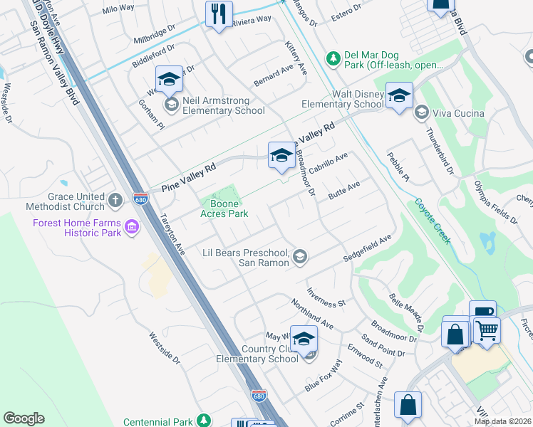 map of restaurants, bars, coffee shops, grocery stores, and more near 2938 Laramie Avenue in San Ramon