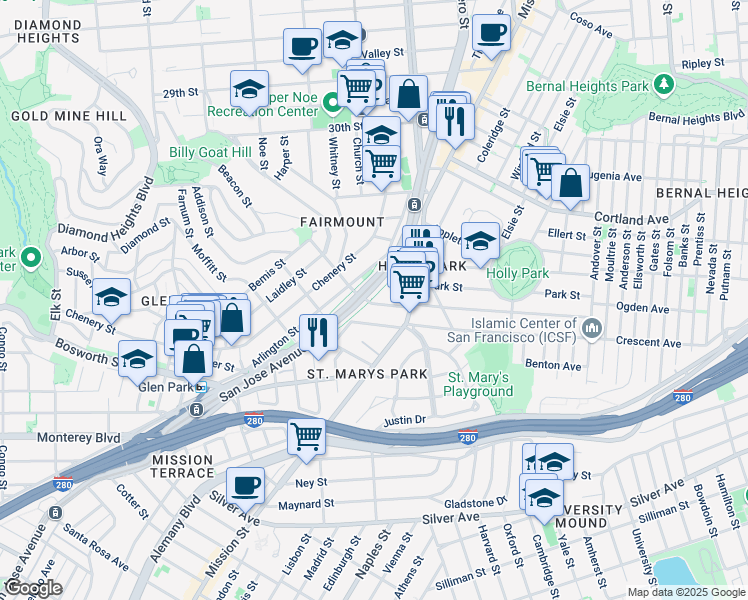 map of restaurants, bars, coffee shops, grocery stores, and more near 177 College Avenue in San Francisco