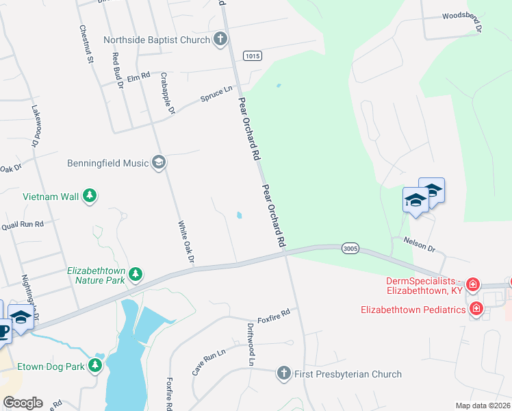 map of restaurants, bars, coffee shops, grocery stores, and more near 1402 Pear Orchard Road in Elizabethtown