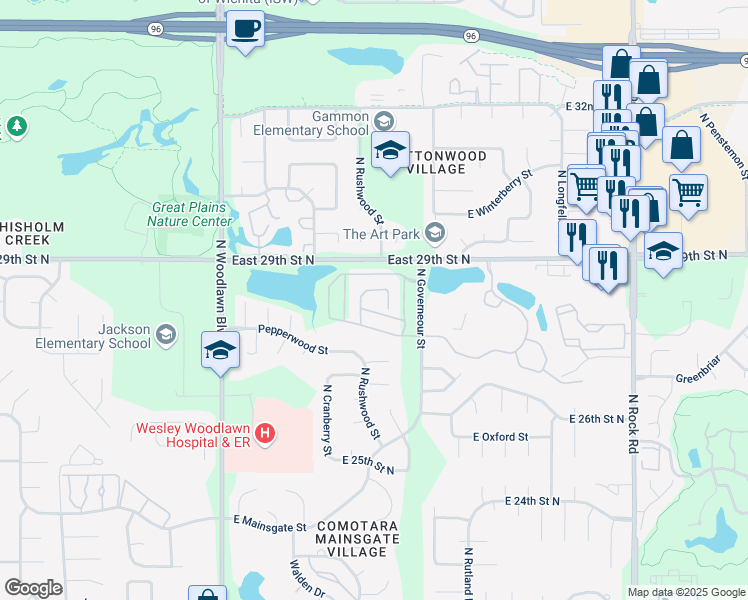map of restaurants, bars, coffee shops, grocery stores, and more near 2931 North Governeour Street in Wichita