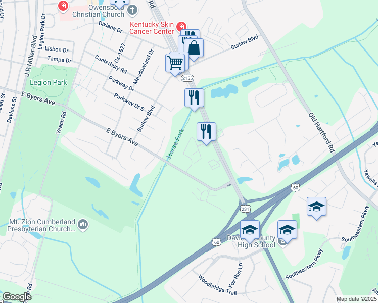 map of restaurants, bars, coffee shops, grocery stores, and more near 3424 New Hartford Road in Owensboro