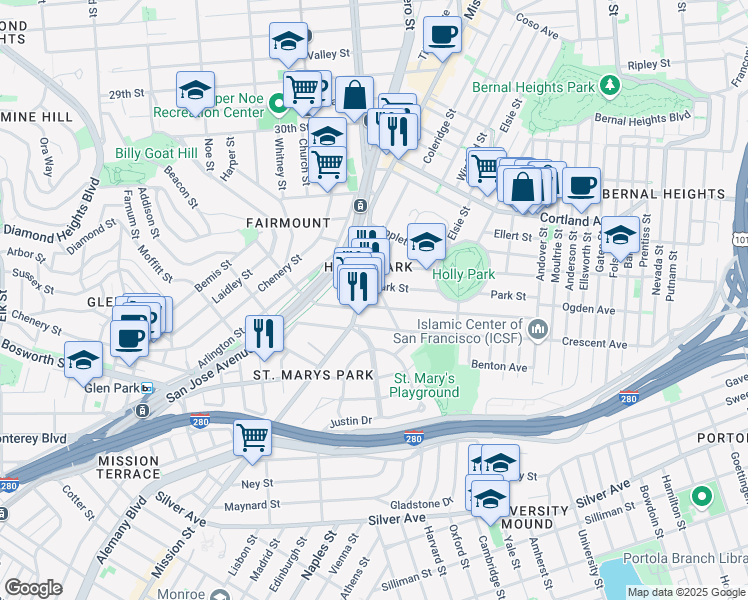 map of restaurants, bars, coffee shops, grocery stores, and more near 27 Crescent Avenue in San Francisco