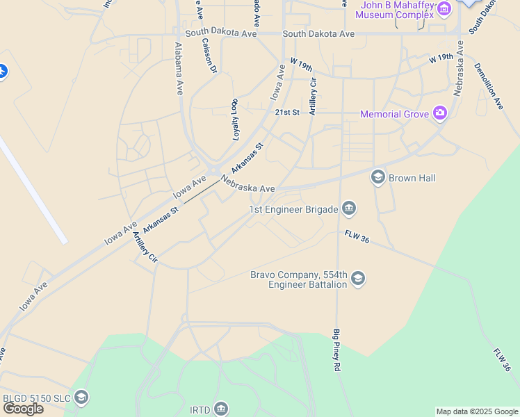 map of restaurants, bars, coffee shops, grocery stores, and more near Artillery Circle in Fort Leonard Wood