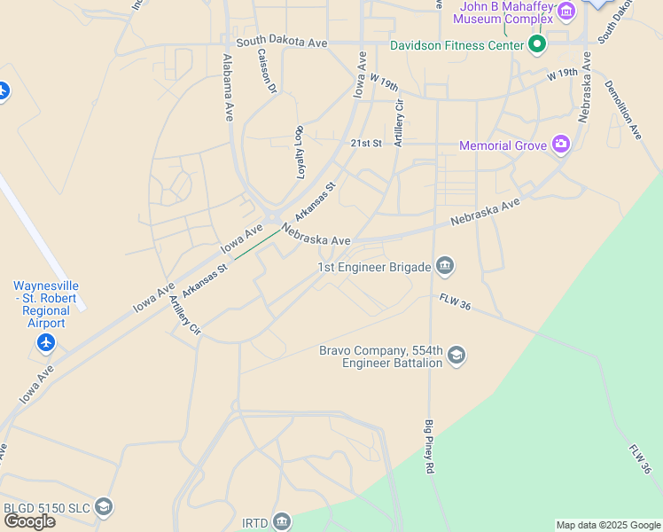 map of restaurants, bars, coffee shops, grocery stores, and more near Artillery Circle in Fort Leonard Wood