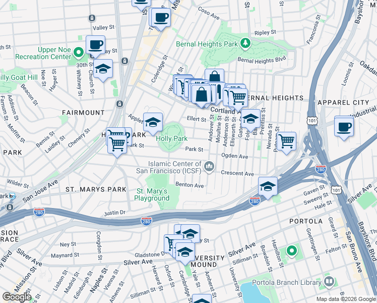 map of restaurants, bars, coffee shops, grocery stores, and more near 330 Park Street in San Francisco