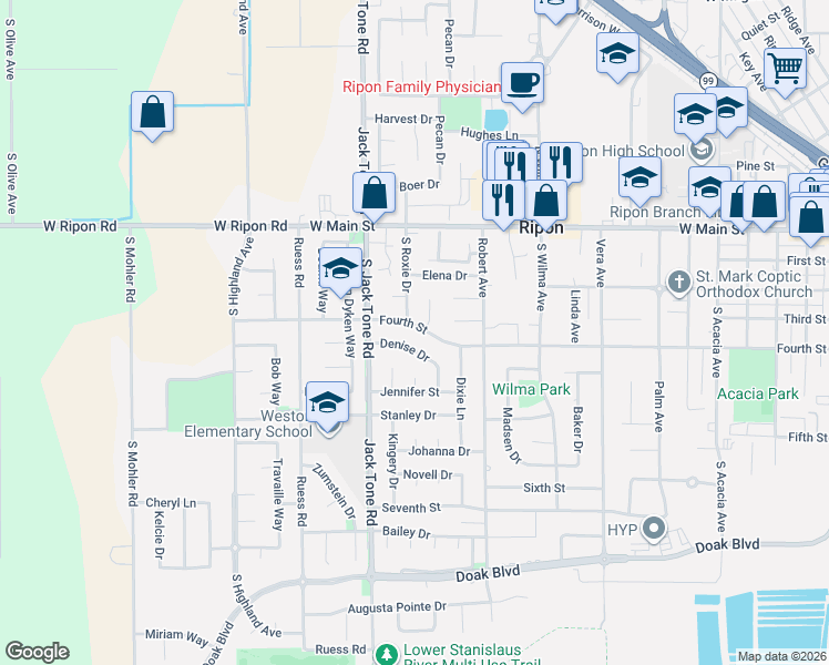 map of restaurants, bars, coffee shops, grocery stores, and more near 1434 Denise Drive in Ripon