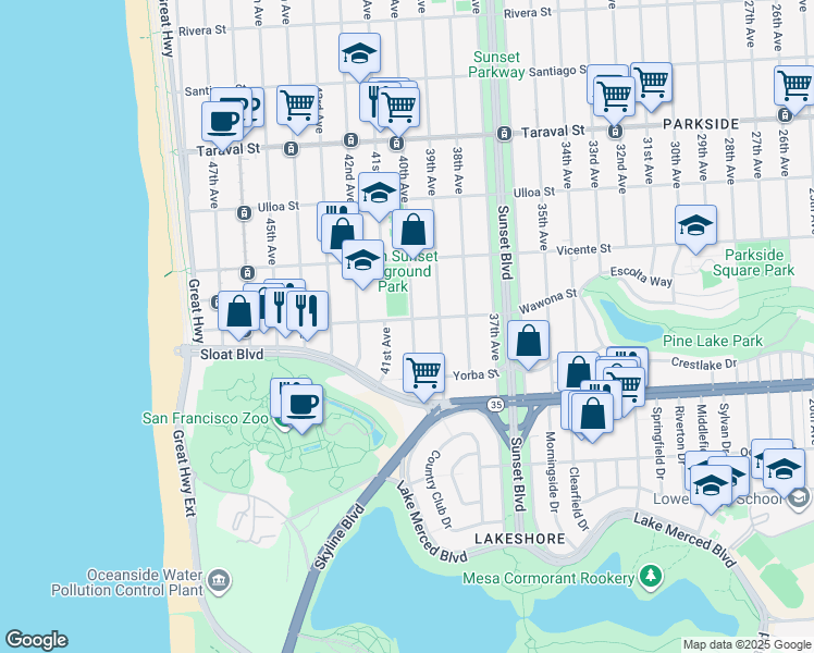 map of restaurants, bars, coffee shops, grocery stores, and more near 2754 40th Avenue in San Francisco