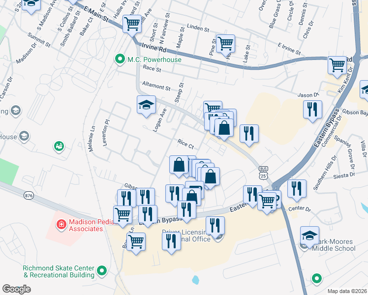 map of restaurants, bars, coffee shops, grocery stores, and more near 102 Rice Court in Richmond