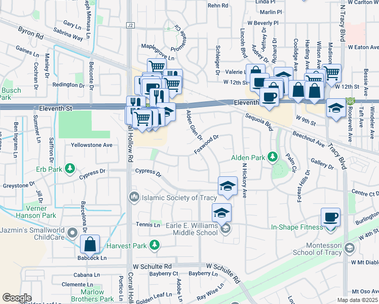 map of restaurants, bars, coffee shops, grocery stores, and more near 1735 Foxwood Drive in Tracy