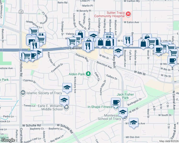 map of restaurants, bars, coffee shops, grocery stores, and more near 764 Sequoia Boulevard in Tracy