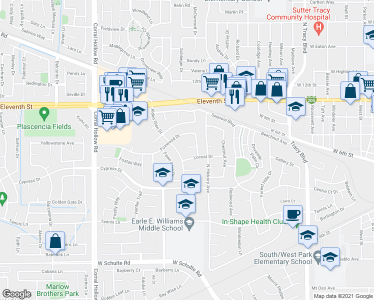 map of restaurants, bars, coffee shops, grocery stores, and more near 1570 Hoot Owl Court in Tracy