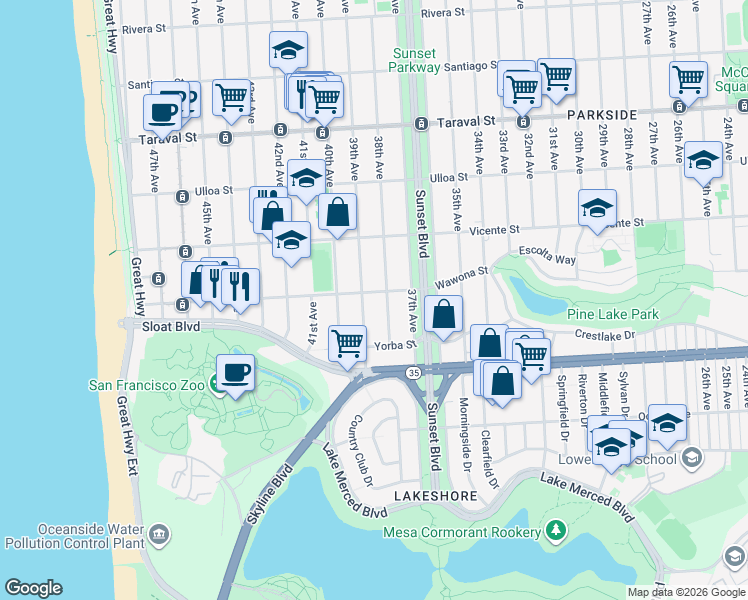 map of restaurants, bars, coffee shops, grocery stores, and more near 2675 38th Avenue in San Francisco
