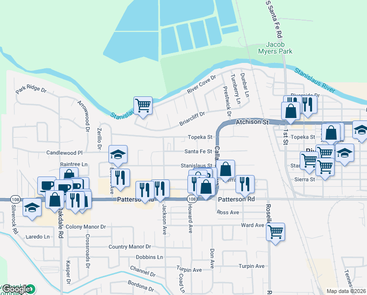 map of restaurants, bars, coffee shops, grocery stores, and more near 2654 Topeka Street in Riverbank