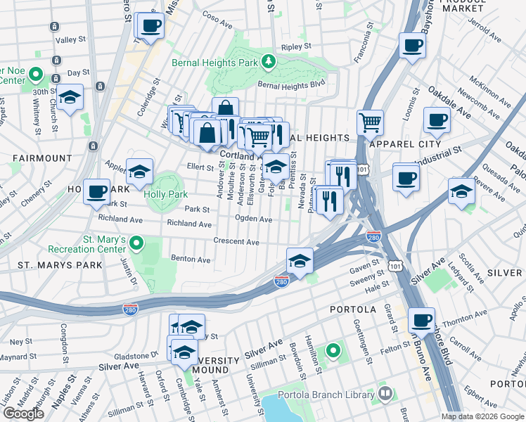 map of restaurants, bars, coffee shops, grocery stores, and more near 2 Gates Street in San Francisco