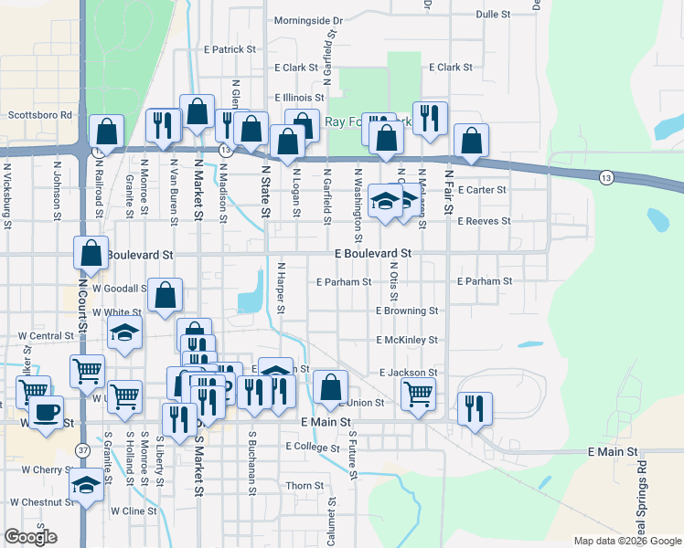 map of restaurants, bars, coffee shops, grocery stores, and more near 607 East Boulevard Street in Marion