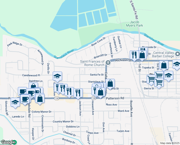 map of restaurants, bars, coffee shops, grocery stores, and more near 2663 Santa Fe Street in Riverbank