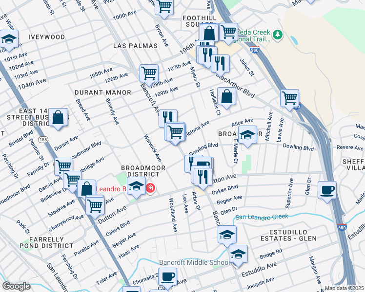 map of restaurants, bars, coffee shops, grocery stores, and more near 621 Victoria Avenue in San Leandro