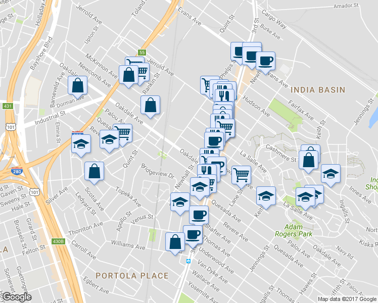 map of restaurants, bars, coffee shops, grocery stores, and more near 1750 Newcomb Avenue in San Francisco
