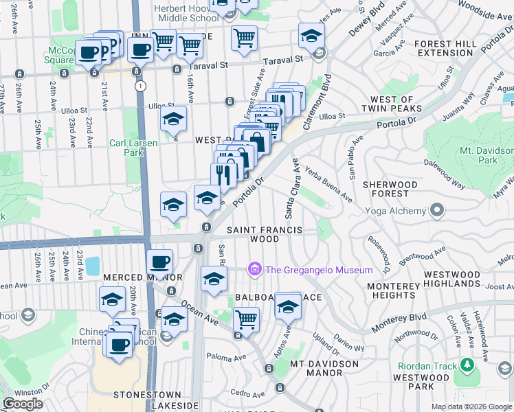 map of restaurants, bars, coffee shops, grocery stores, and more near 1538 Portola Drive in San Francisco