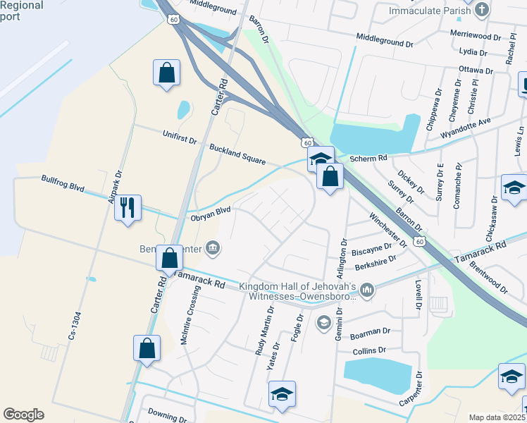 map of restaurants, bars, coffee shops, grocery stores, and more near 3420 Legacy Run in Owensboro