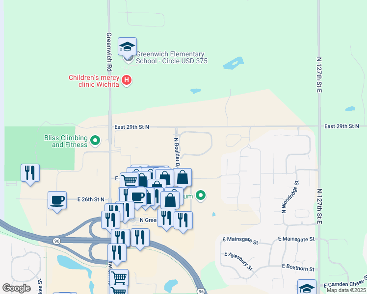 map of restaurants, bars, coffee shops, grocery stores, and more near 11637 East Gemstone Lane in Wichita