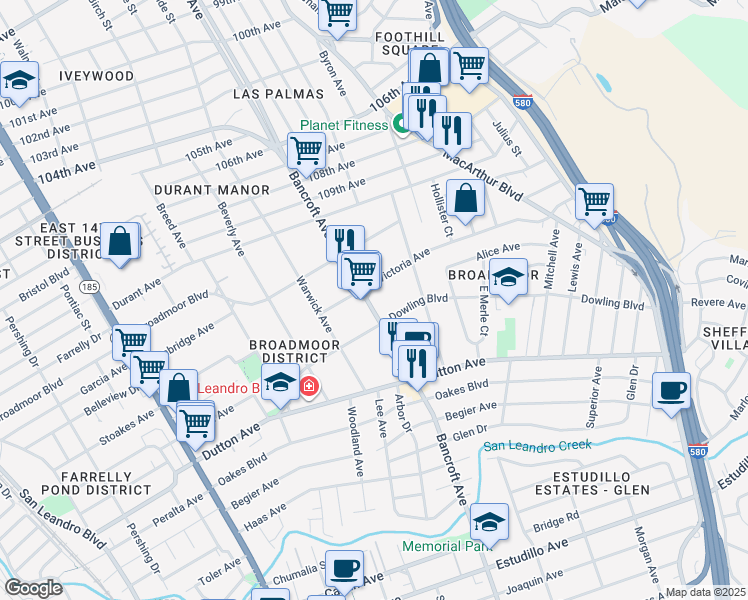 map of restaurants, bars, coffee shops, grocery stores, and more near 621 Victoria Avenue in San Leandro
