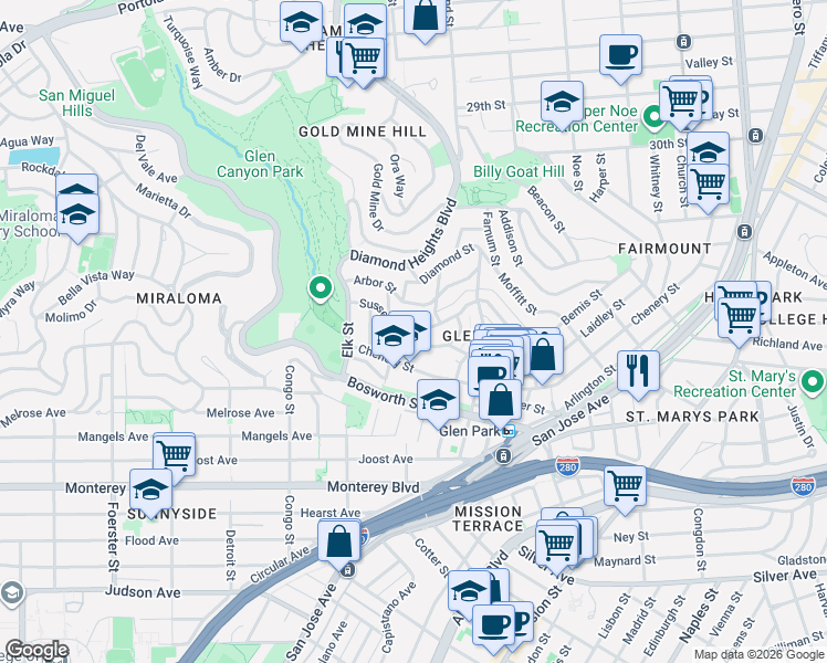 map of restaurants, bars, coffee shops, grocery stores, and more near 175 Arbor Street in San Francisco
