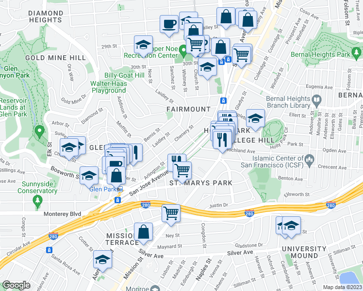 map of restaurants, bars, coffee shops, grocery stores, and more near 360 Arlington Street in San Francisco