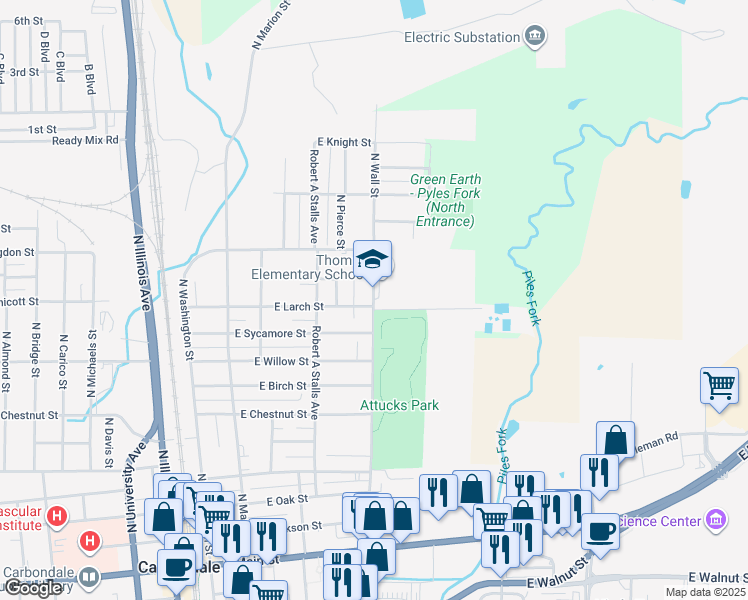map of restaurants, bars, coffee shops, grocery stores, and more near 1025 North Wall Street in Carbondale
