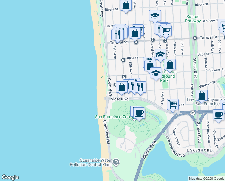 map of restaurants, bars, coffee shops, grocery stores, and more near 2660 Great Highway in San Francisco