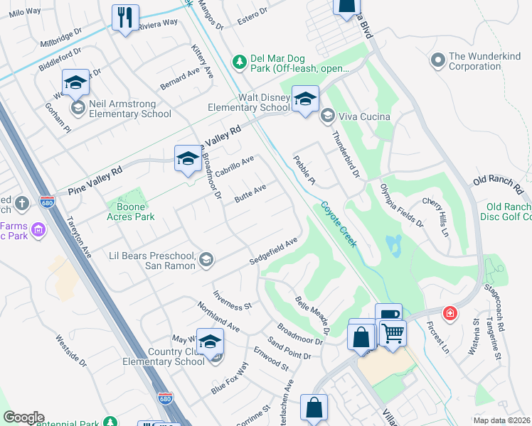 map of restaurants, bars, coffee shops, grocery stores, and more near 756 Acorn Court in San Ramon