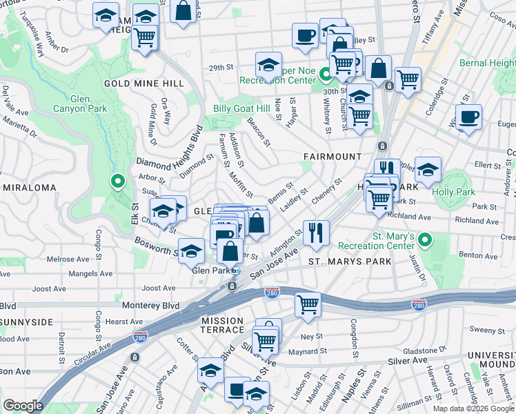 map of restaurants, bars, coffee shops, grocery stores, and more near 10 Moffitt Street in San Francisco