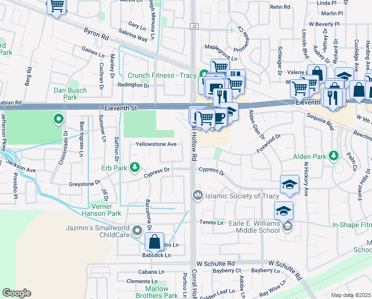map of restaurants, bars, coffee shops, grocery stores, and more near 790 Everglades Lane in Tracy