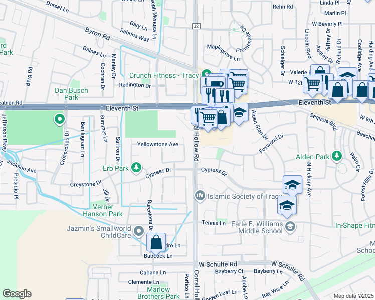 map of restaurants, bars, coffee shops, grocery stores, and more near 790 Everglades Lane in Tracy