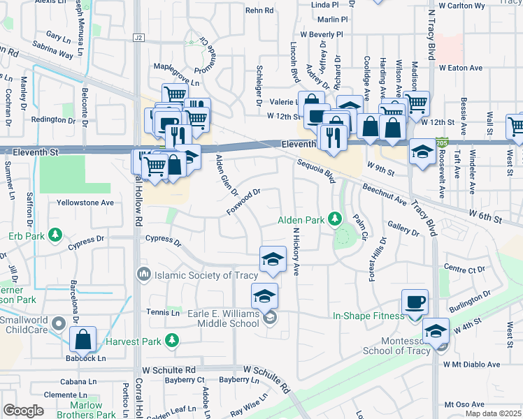 map of restaurants, bars, coffee shops, grocery stores, and more near 1648 Foxwood Drive in Tracy