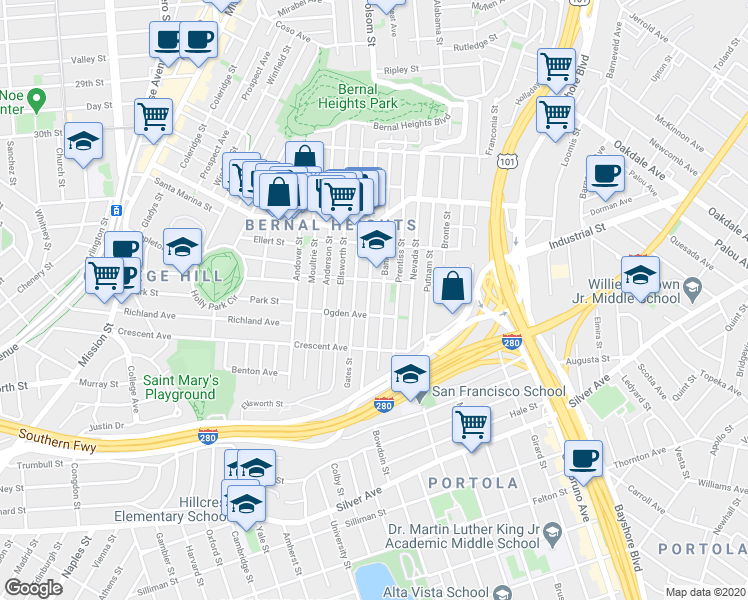 map of restaurants, bars, coffee shops, grocery stores, and more near 4000 Folsom Street in San Francisco