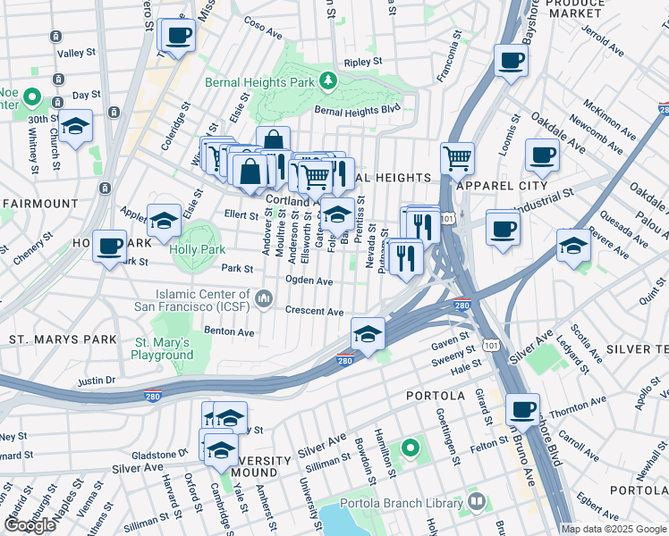 map of restaurants, bars, coffee shops, grocery stores, and more near 4000 Folsom Street in San Francisco