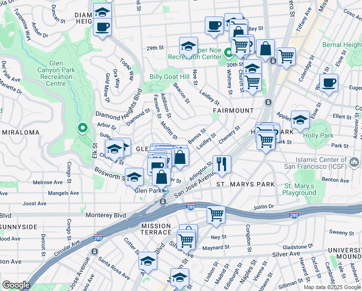 map of restaurants, bars, coffee shops, grocery stores, and more near 10 Moffitt Street in San Francisco