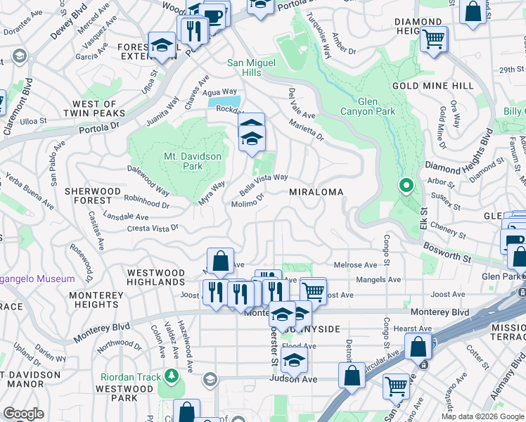 map of restaurants, bars, coffee shops, grocery stores, and more near 209 Molimo Drive in San Francisco