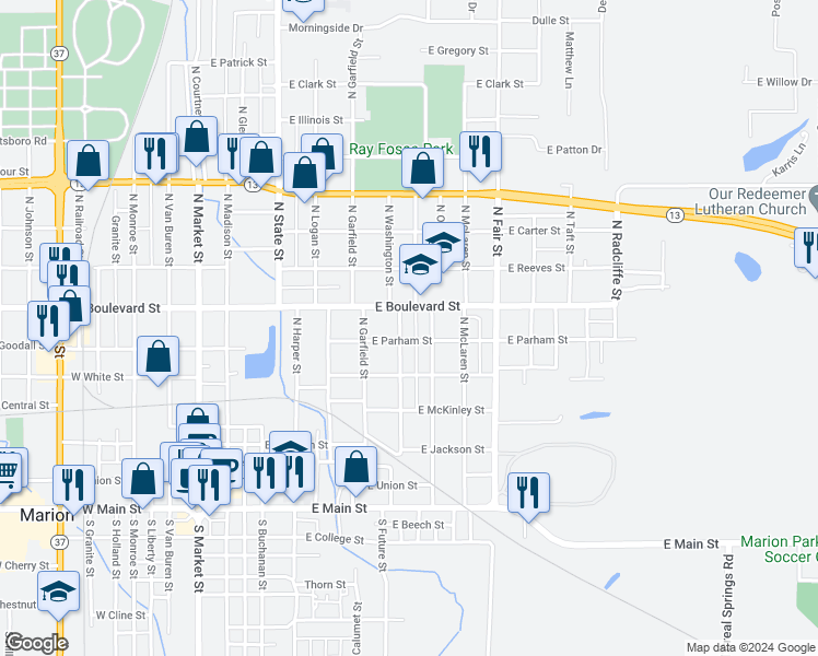map of restaurants, bars, coffee shops, grocery stores, and more near 805 North Washington Street in Marion