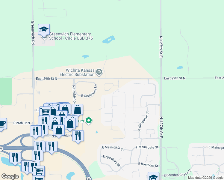 map of restaurants, bars, coffee shops, grocery stores, and more near East 29th Street North in Wichita
